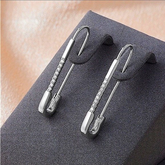 Silver Zircon Safety Pin Earrings, Minimalist, Punk, Gift For Teenager - Picture 8 of 9
